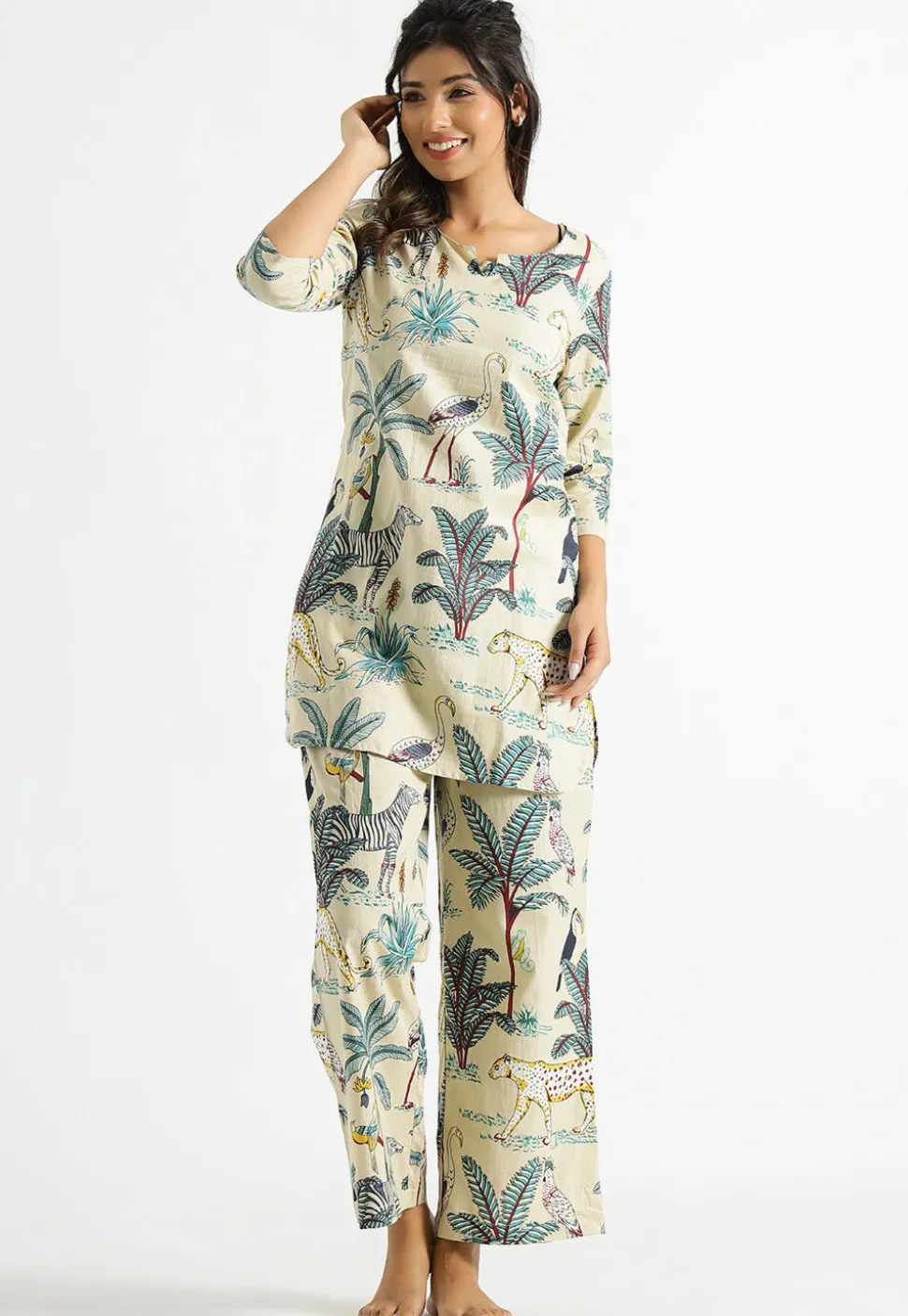 Digital Printed Cotton Co Ord Set in Light Beige