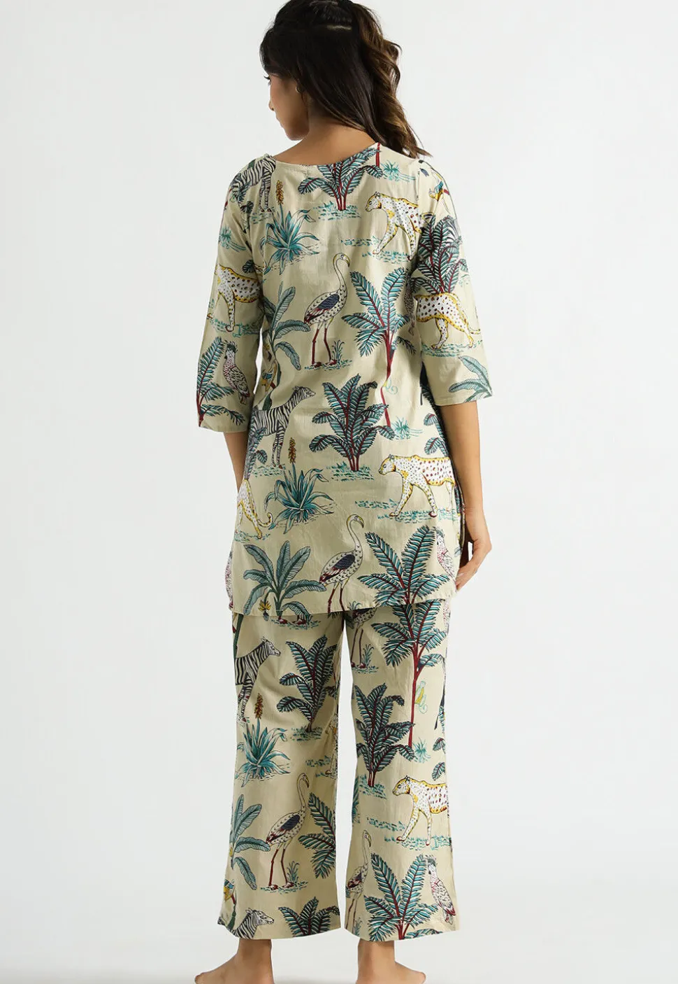 Digital Printed Cotton Co Ord Set in Light Beige