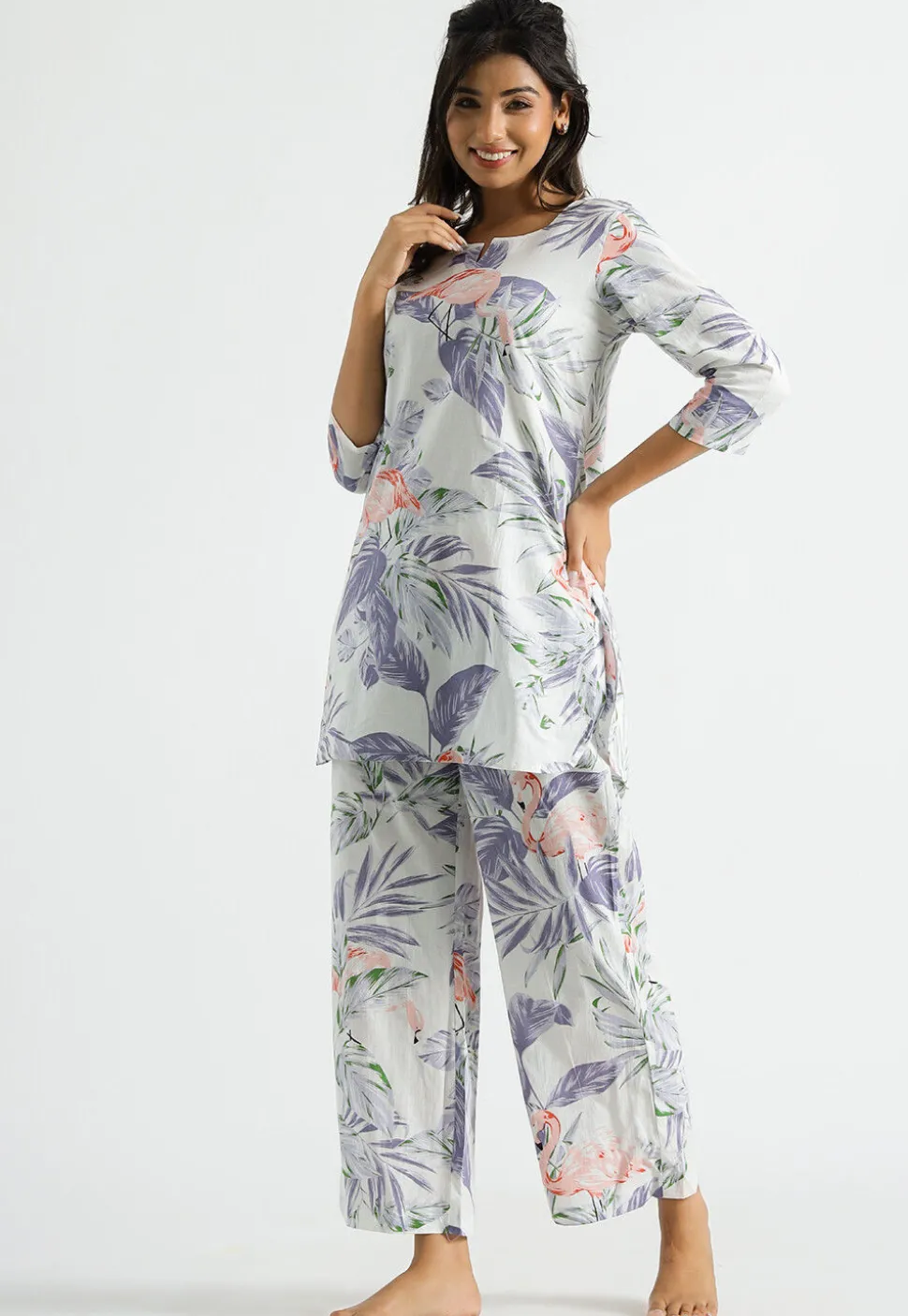 Digital Printed Cotton Co Ord Set in Off White