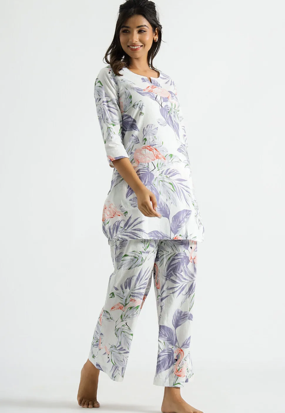 Digital Printed Cotton Co Ord Set in Off White
