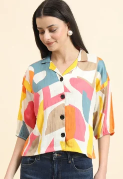 Digital Printed Cotton Crushed Top in Off White