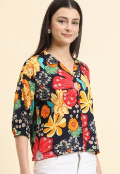 Digital Printed Cotton Crushed Top in Navy Blue