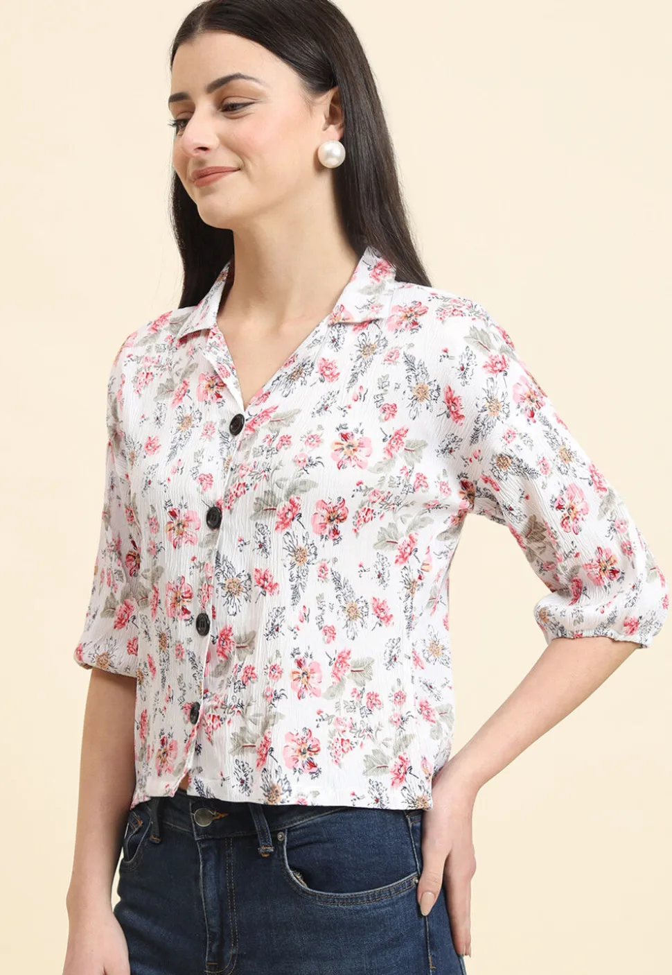 Digital Printed Cotton Crushed Top in Off White