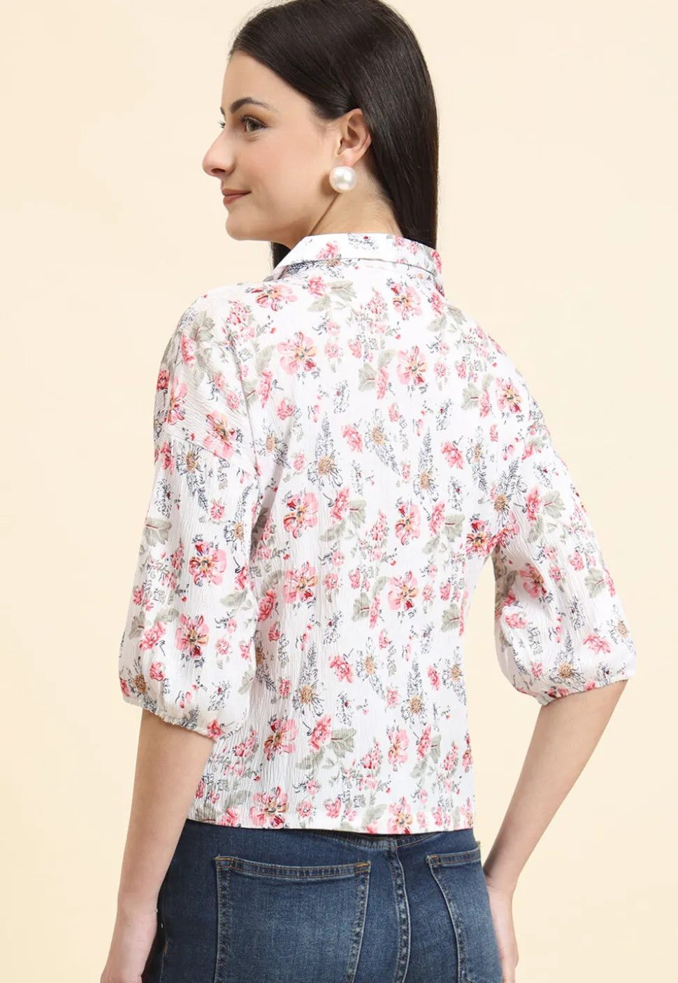Digital Printed Cotton Crushed Top in Off White