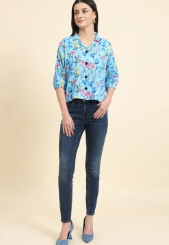 Digital Printed Cotton Crushed Top in Sky Blue