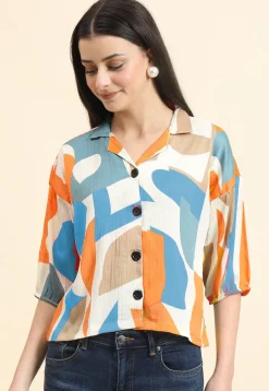 Digital Printed Cotton Crushed Top in Off White