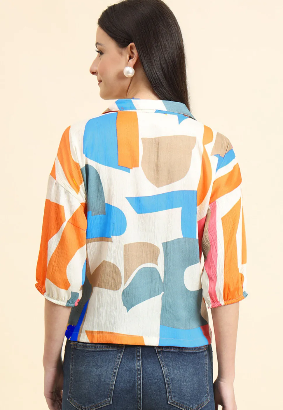 Digital Printed Cotton Crushed Top in Off White