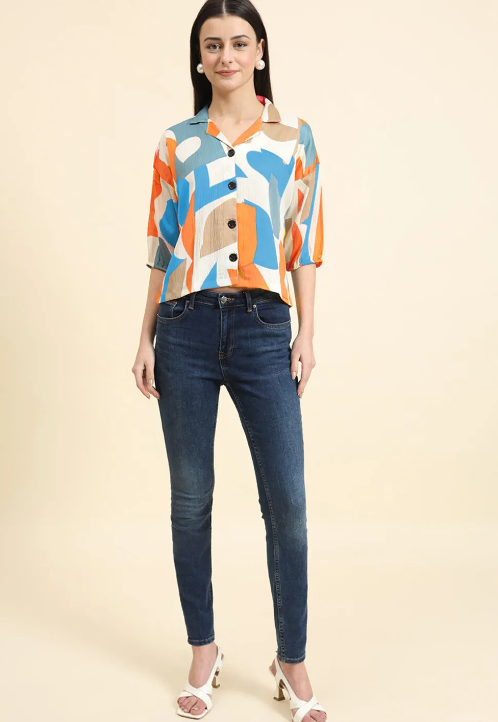 Digital Printed Cotton Crushed Top in Off White