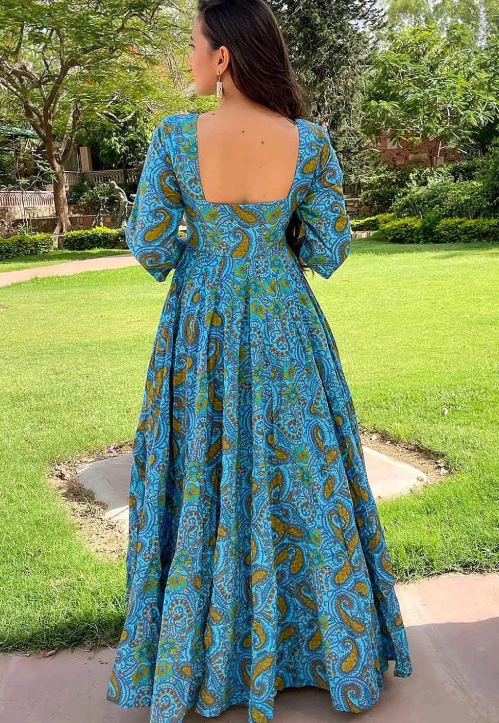 Digital Printed Cotton Flared Gown in Sky Blue