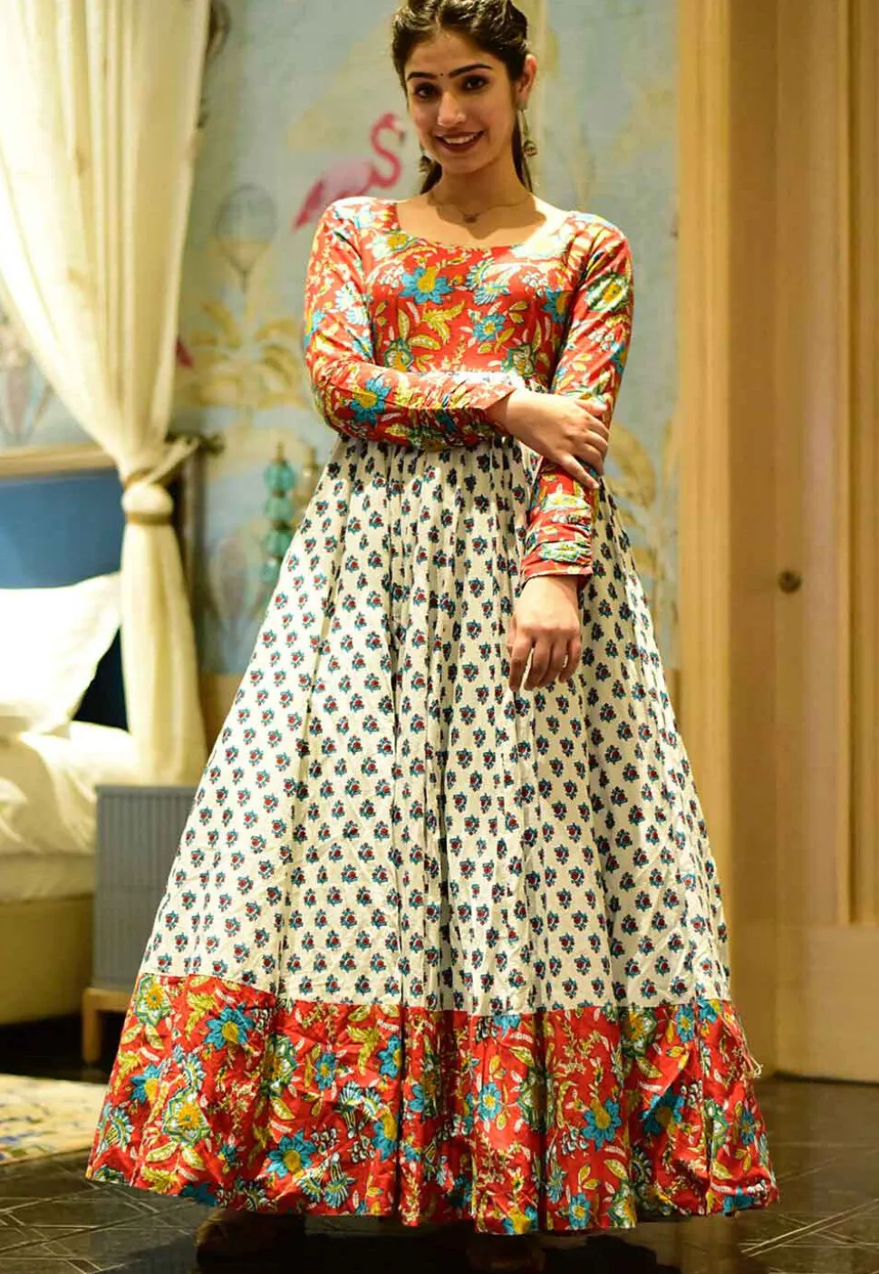 Digital Printed Cotton Flared Gown in Off White and Red