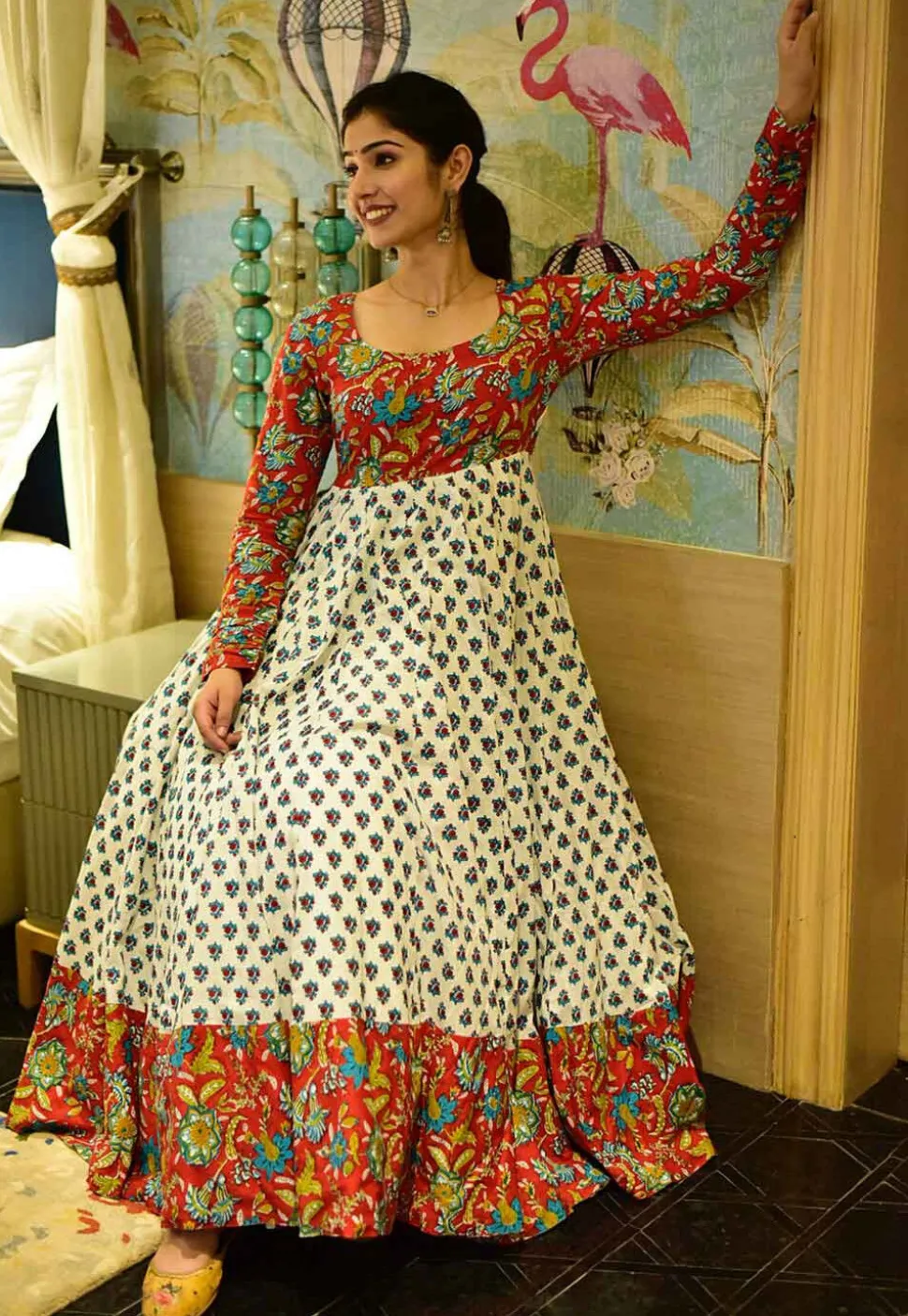 Digital Printed Cotton Flared Gown in Off White and Red