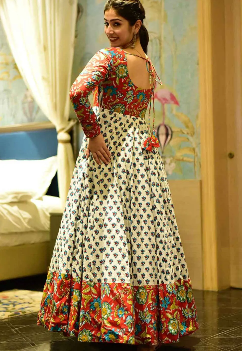 Digital Printed Cotton Flared Gown in Off White and Red