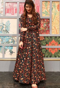 Digital Printed Cotton Flared Gown in Black