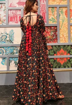 Digital Printed Cotton Flared Gown in Black