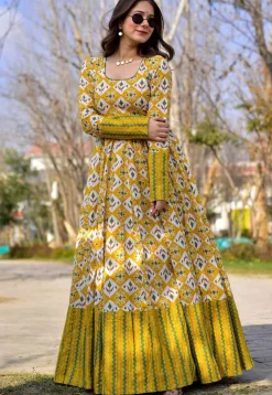 Digital Printed Cotton Flared Gown in Yellow