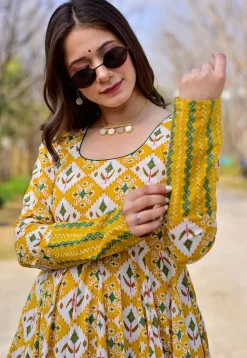 Digital Printed Cotton Flared Gown in Yellow