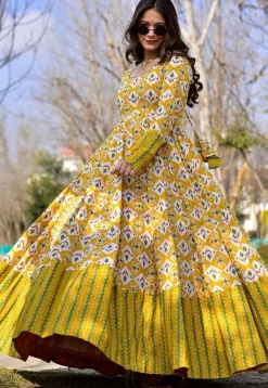 Digital Printed Cotton Flared Gown in Yellow