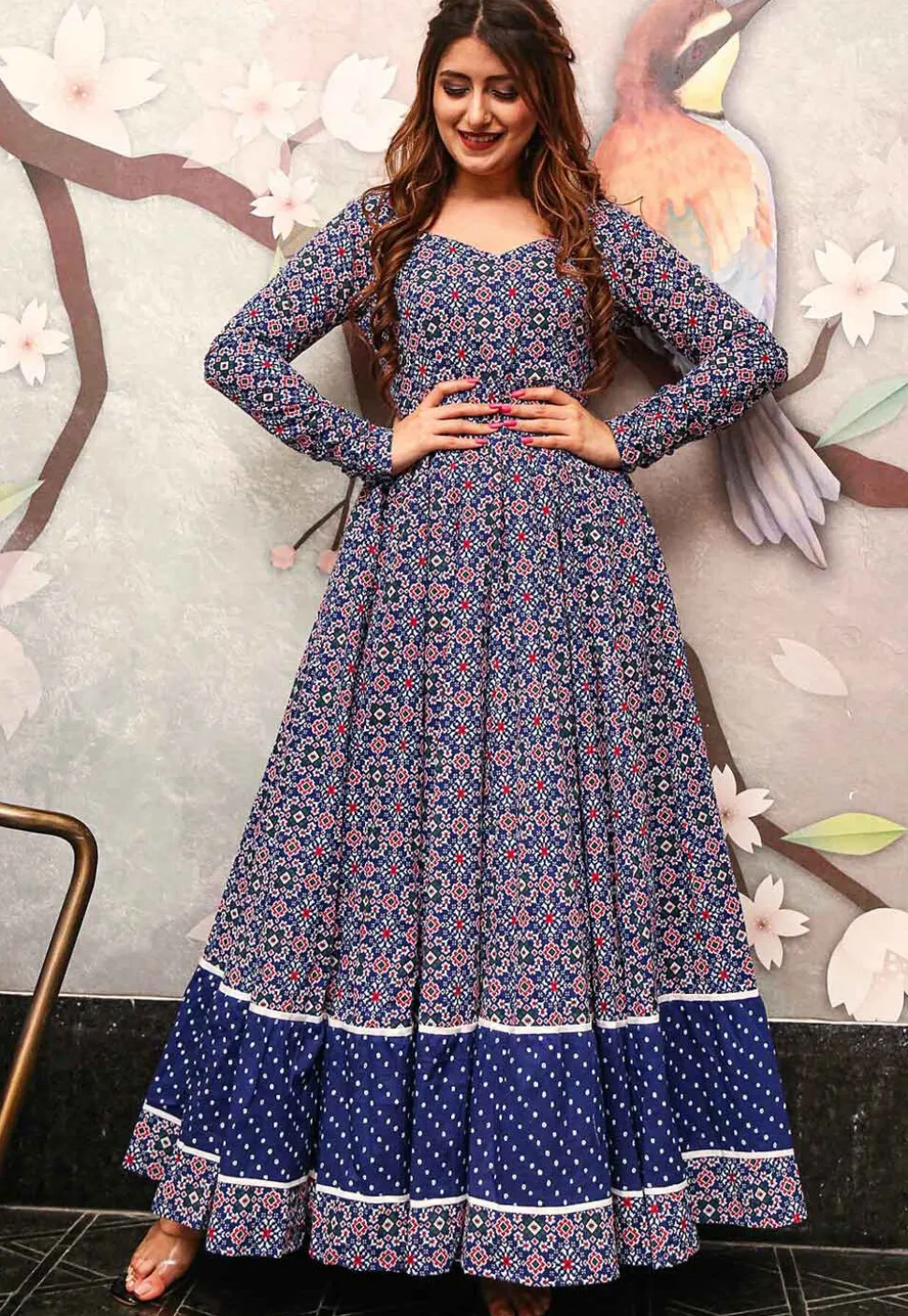 Digital Printed Cotton Flared Gown in Blue