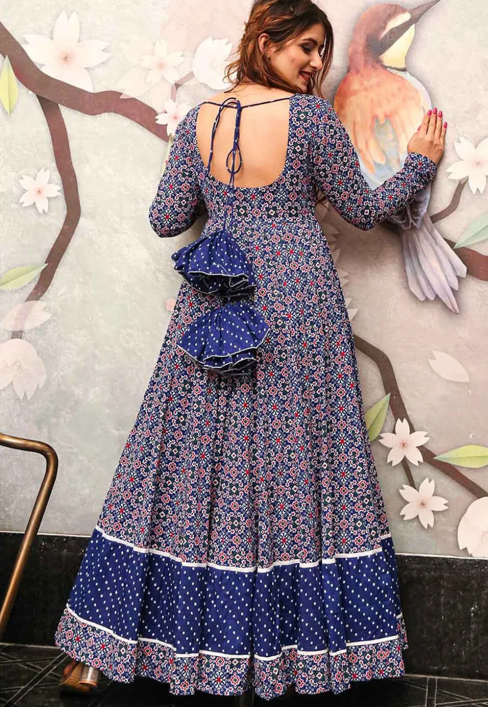 Digital Printed Cotton Flared Gown in Blue