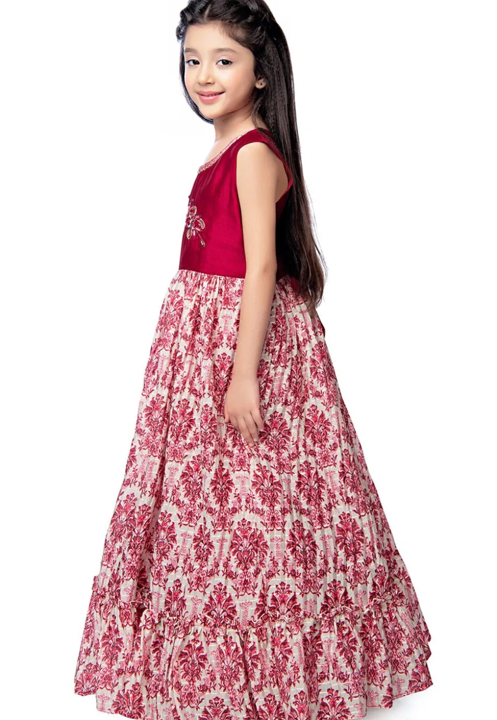 Digital Printed Cotton Gown in Pink and Off White