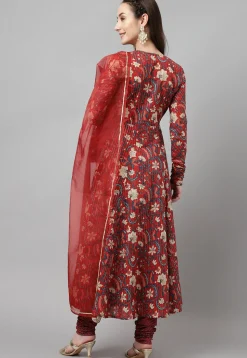 Digital Printed Cotton Jacquard Aline Suit in Maroon