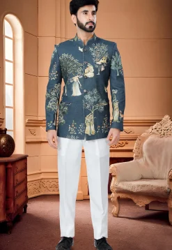 Digital Printed Cotton Jodhpuri Suit in Teal Blue