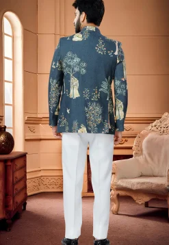 Digital Printed Cotton Jodhpuri Suit in Teal Blue