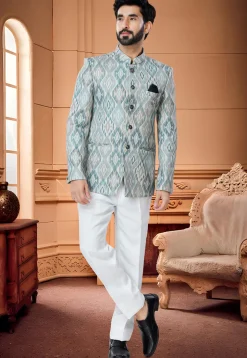 Digital Printed Cotton Jodhpuri Suit in Light Blue