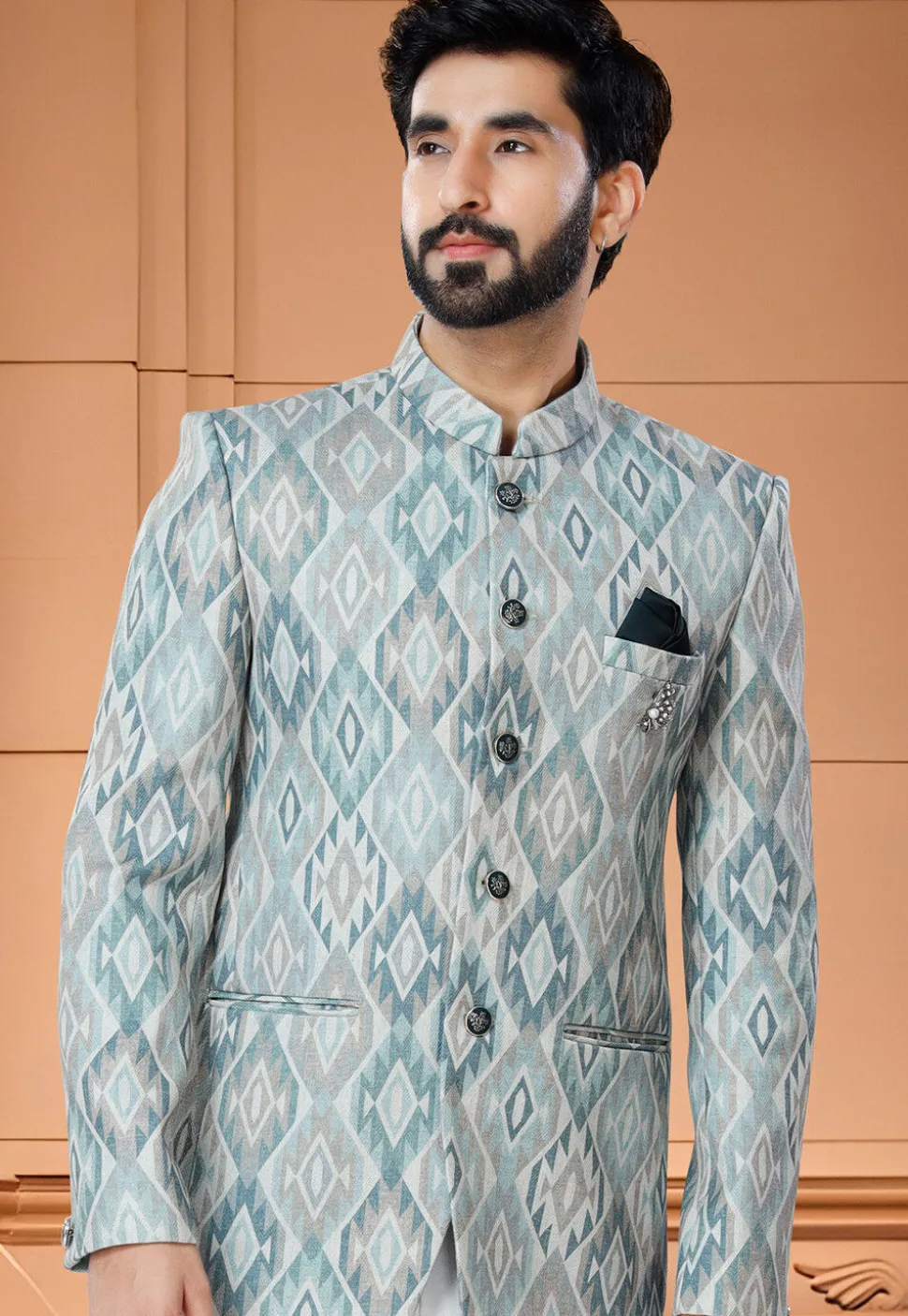 Digital Printed Cotton Jodhpuri Suit in Light Blue