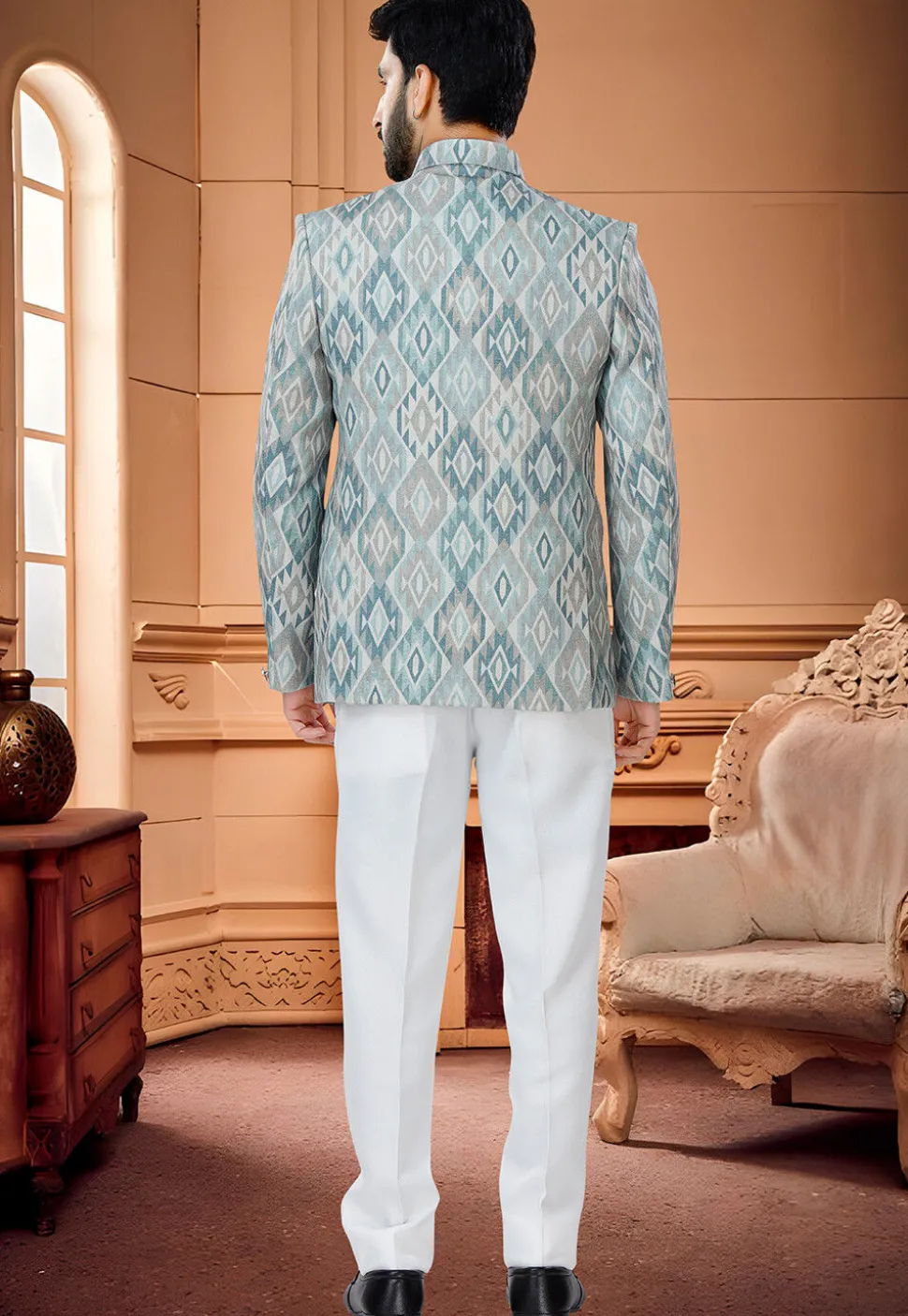 Digital Printed Cotton Jodhpuri Suit in Light Blue