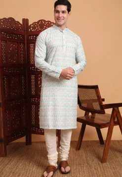 Digital Printed Cotton Kurta in Off White and Blue