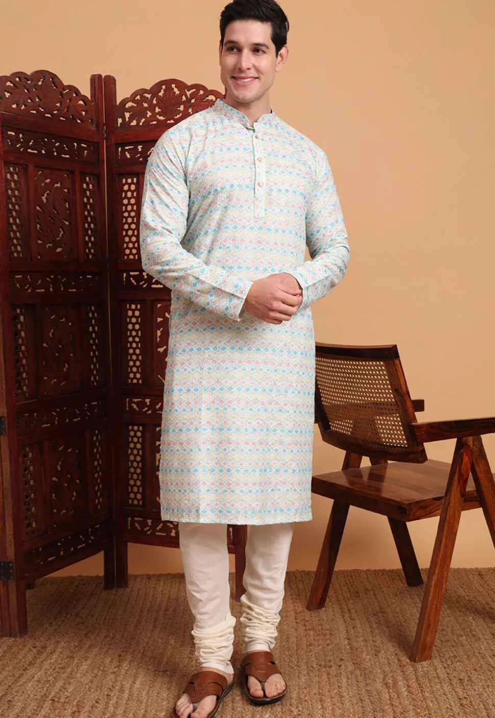 Digital Printed Cotton Kurta in Off White and Blue