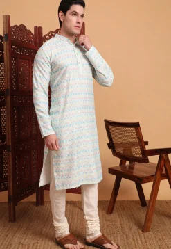 Digital Printed Cotton Kurta in Off White and Blue