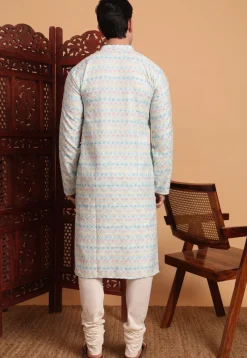 Digital Printed Cotton Kurta in Off White and Blue