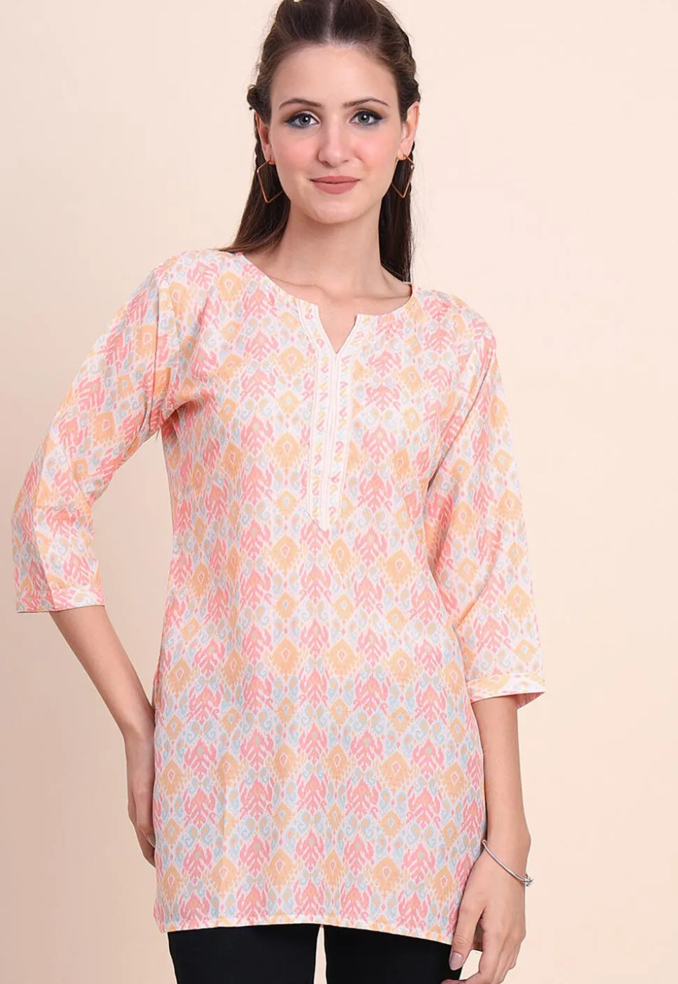 Digital Printed Cotton Kurti in Off White