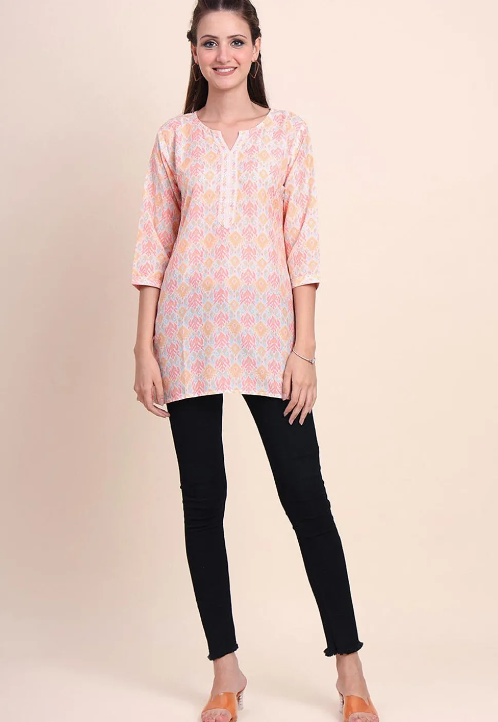 Digital Printed Cotton Kurti in Off White