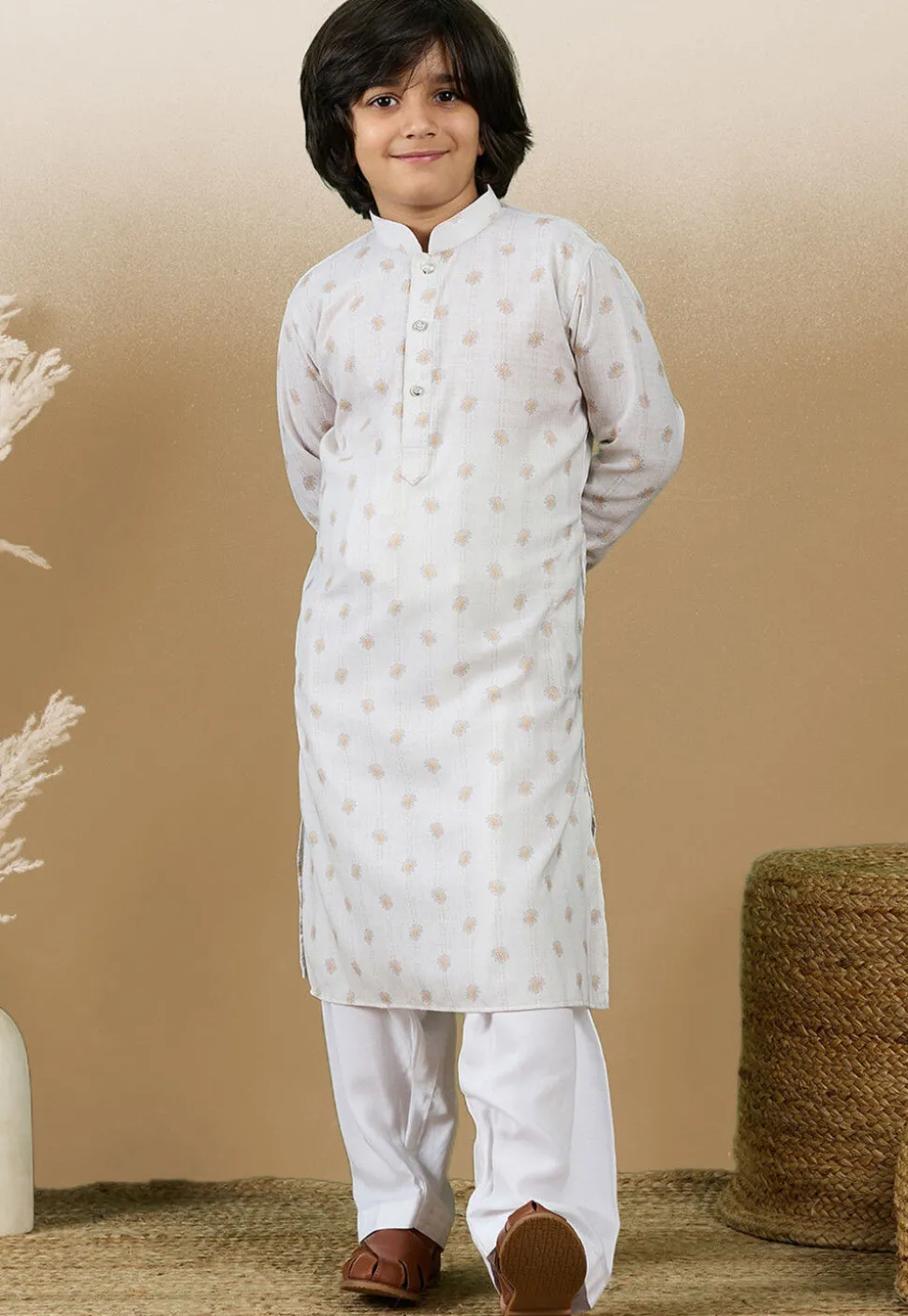 Digital Printed Cotton Kurta Set in Off White