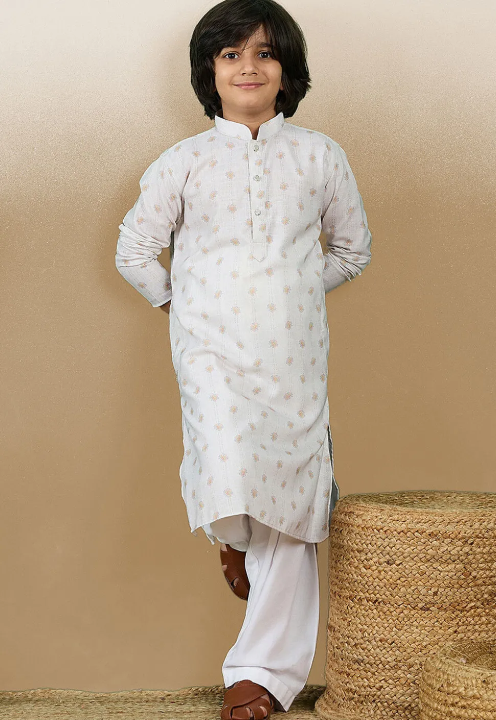 Digital Printed Cotton Kurta Set in Off White