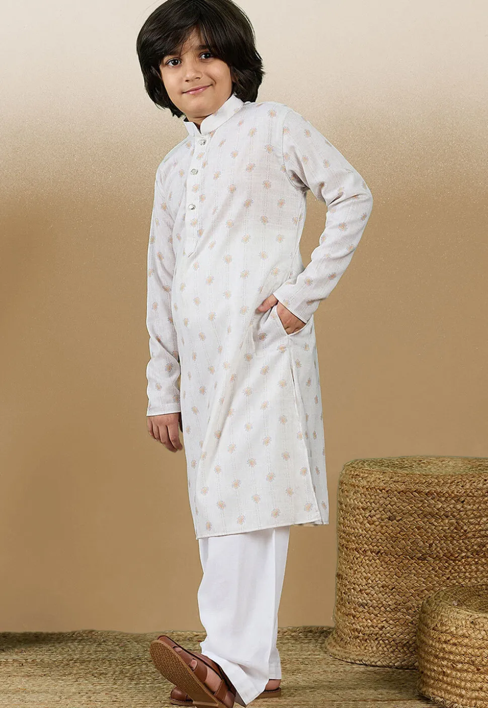 Digital Printed Cotton Kurta Set in Off White