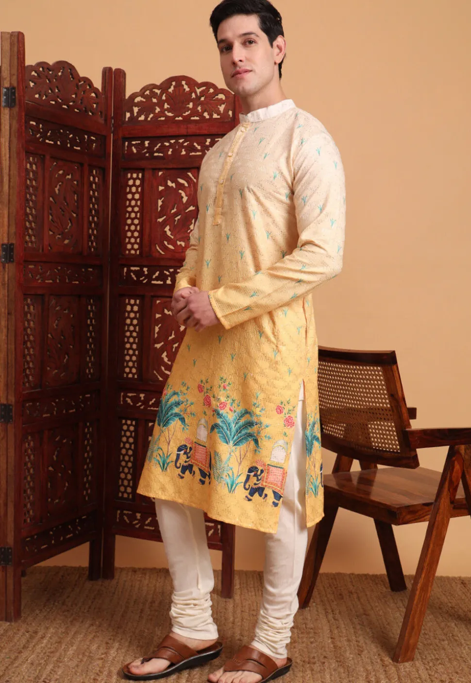 Digital Printed Cotton Kurta in Shaded Yellow