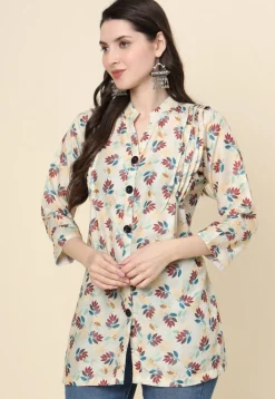 Digital Printed Cotton Kurti in Beige