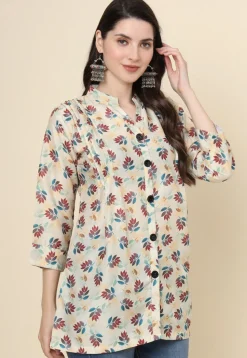 Digital Printed Cotton Kurti in Beige