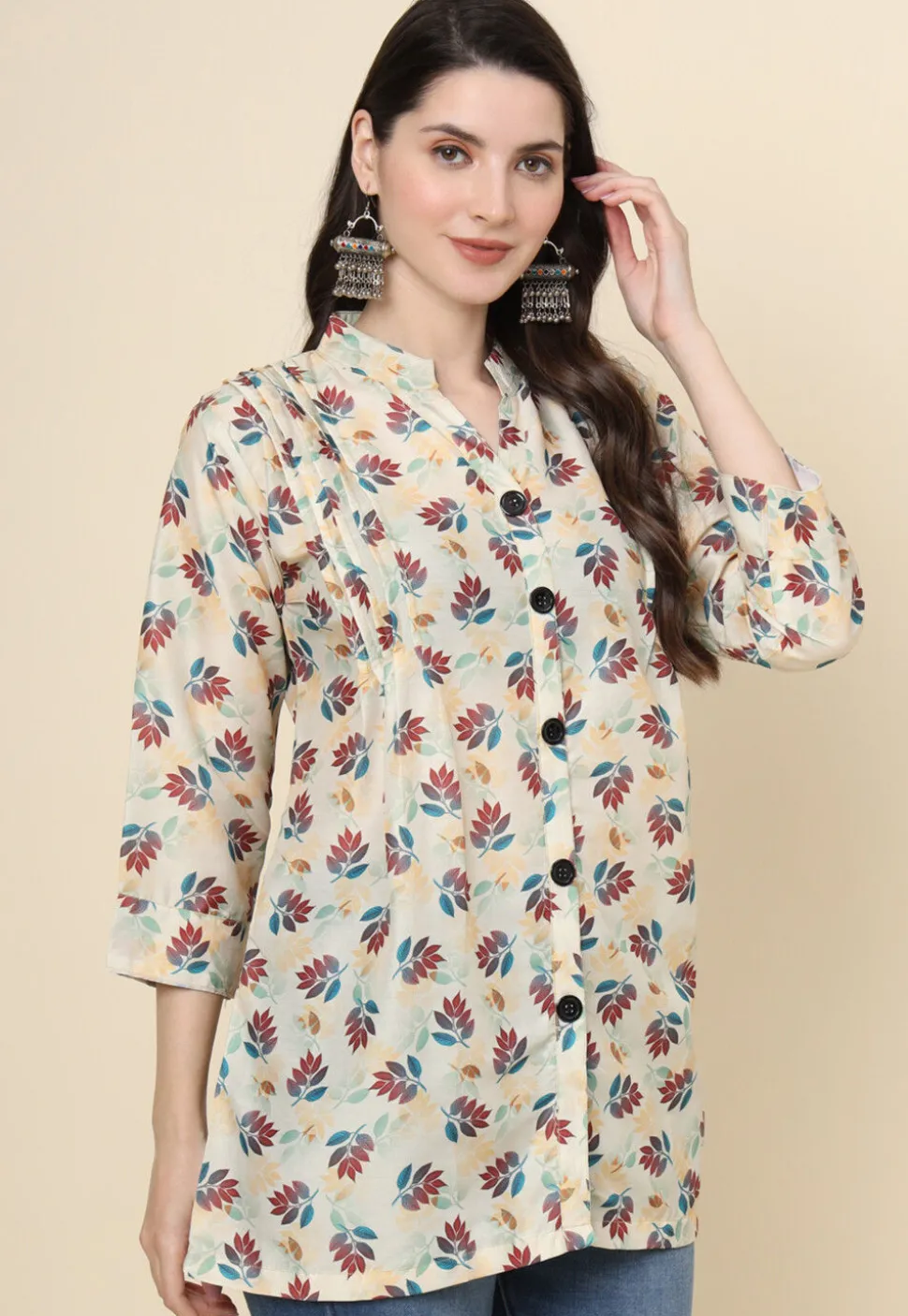 Digital Printed Cotton Kurti in Beige