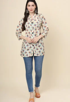 Digital Printed Cotton Kurti in Beige