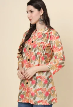 Digital Printed Cotton Kurti in Light Beige