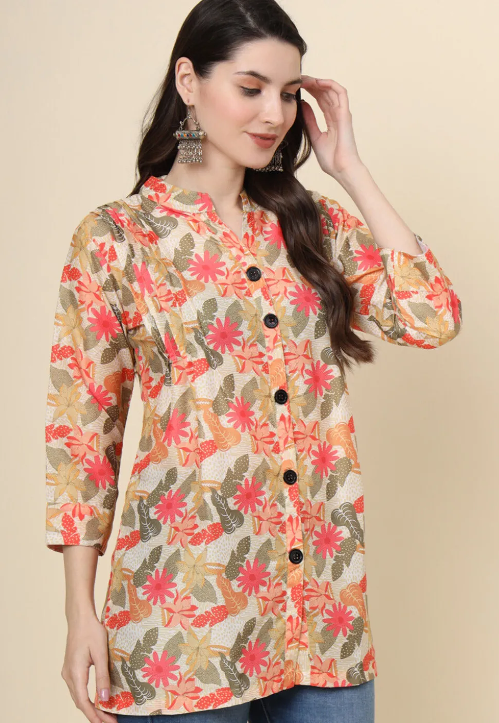 Digital Printed Cotton Kurti in Light Beige