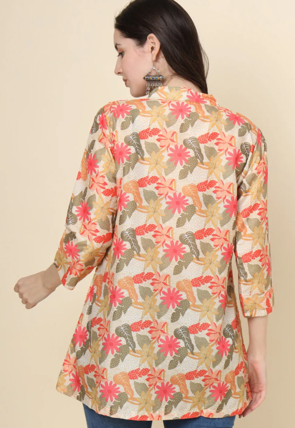 Digital Printed Cotton Kurti in Light Beige