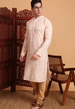 Digital Printed Cotton Kurta in Peach