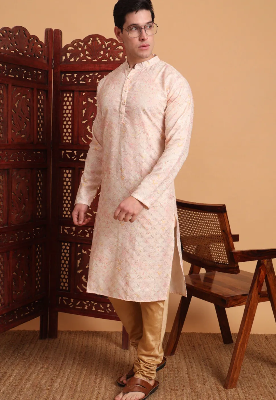 Digital Printed Cotton Kurta in Peach