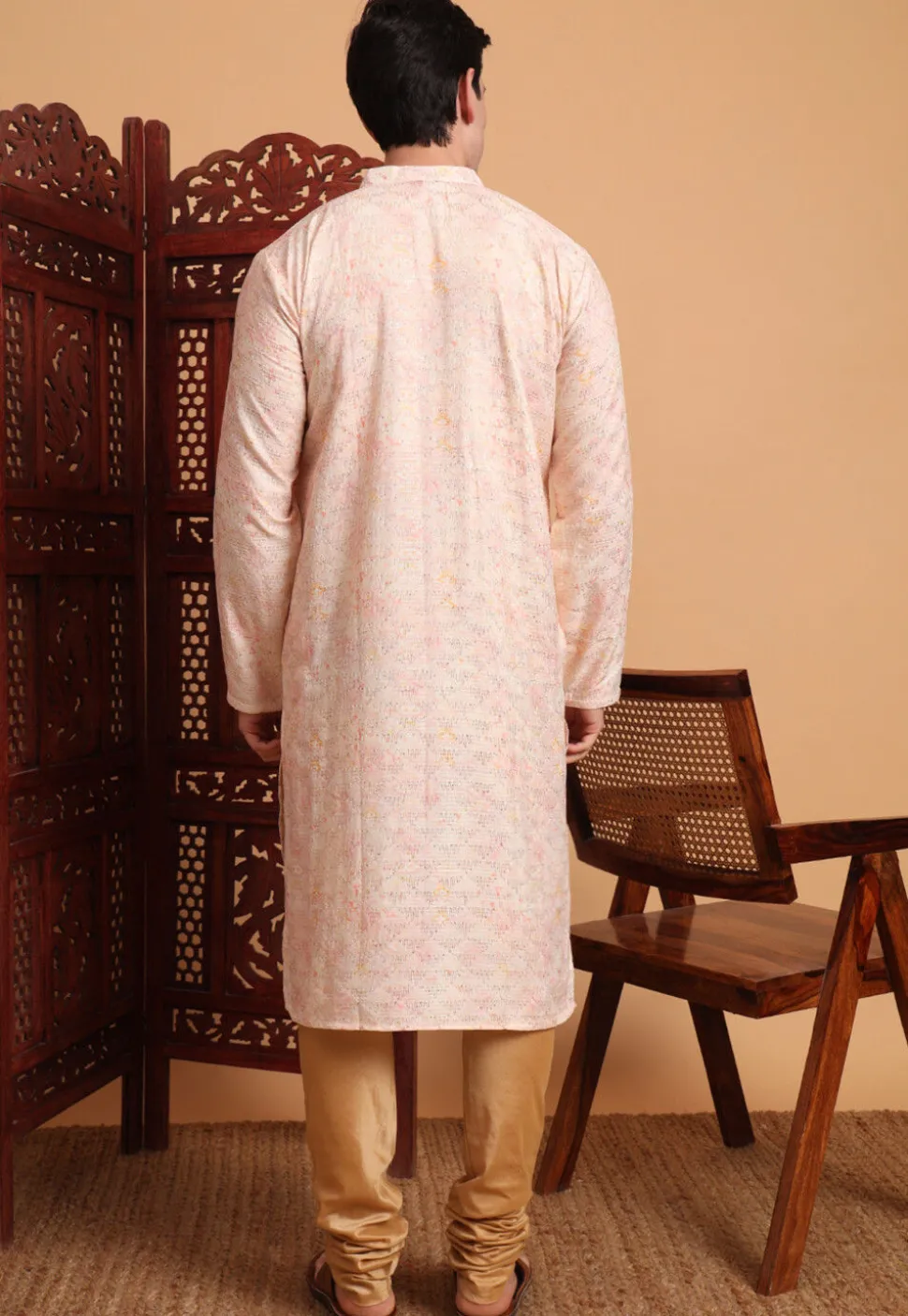 Digital Printed Cotton Kurta in Peach